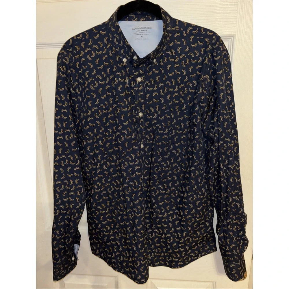Banana Republic Men's M Shirt Navy Blue Banana Print Luxe Poplin LS Button-down
